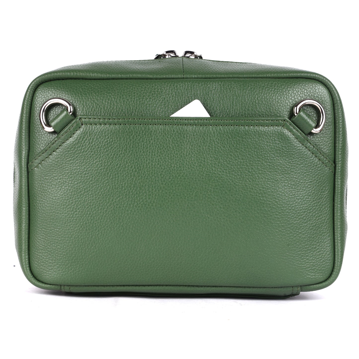 Green leather handbag with silver handles on a white background