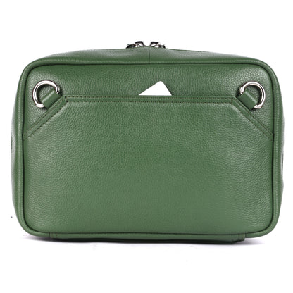 Green leather handbag with silver handles on a white background
