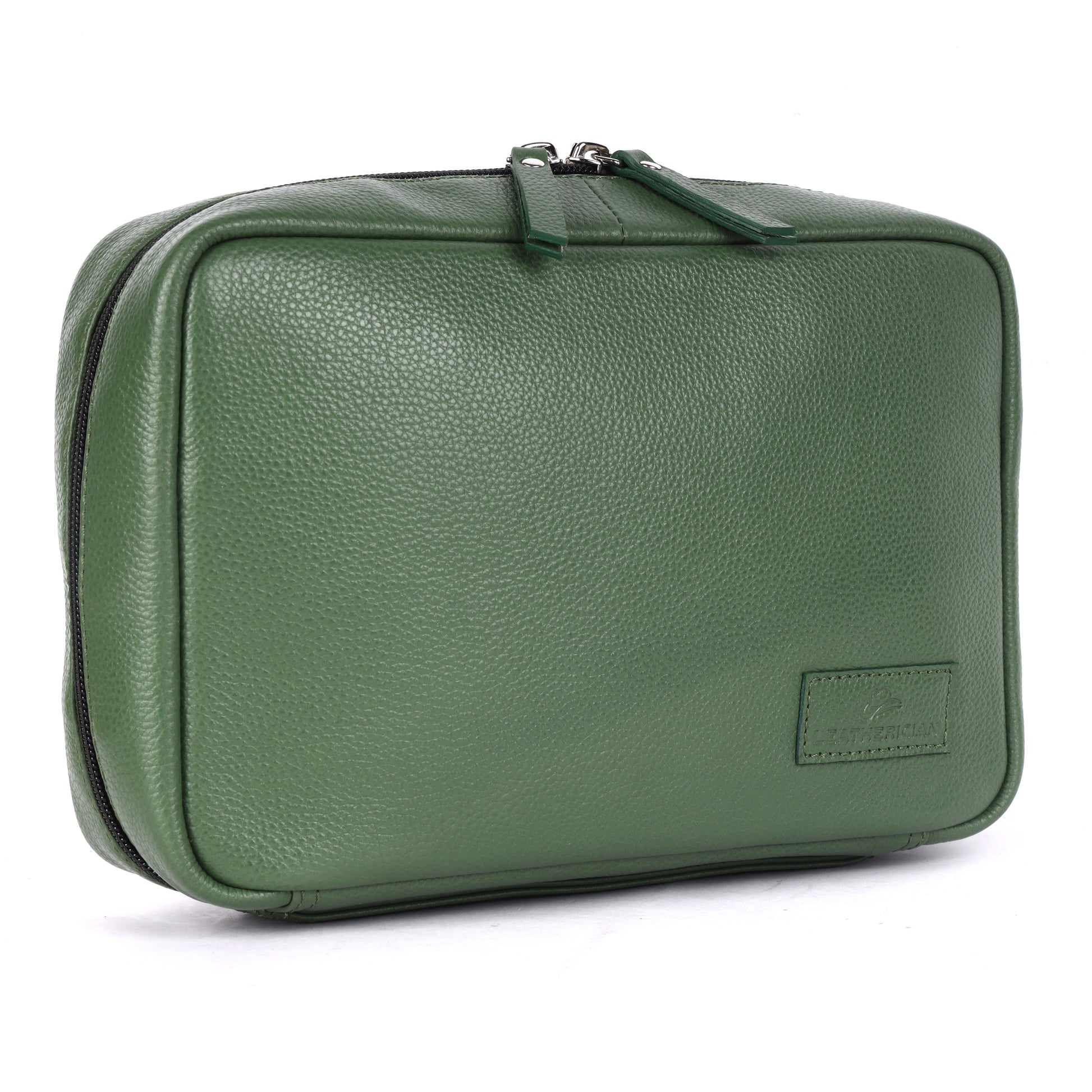 Green leather toiletry bag on a white background