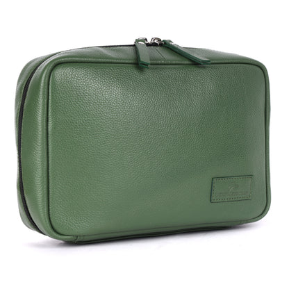 Green leather toiletry bag on a white background