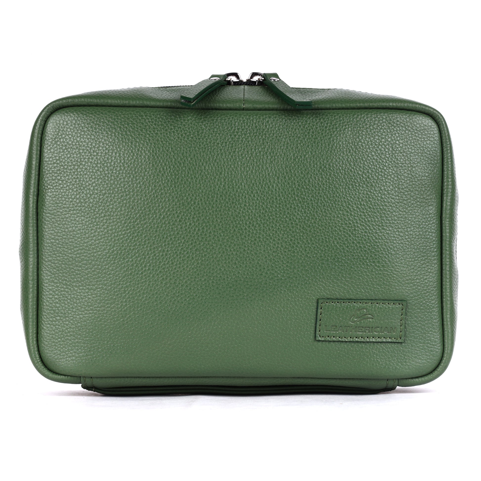Green leather toiletry bag with a visible brand logo on a white background