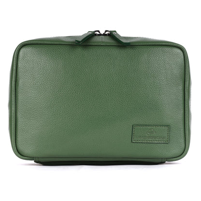 Green leather toiletry bag with a visible brand logo on a white background