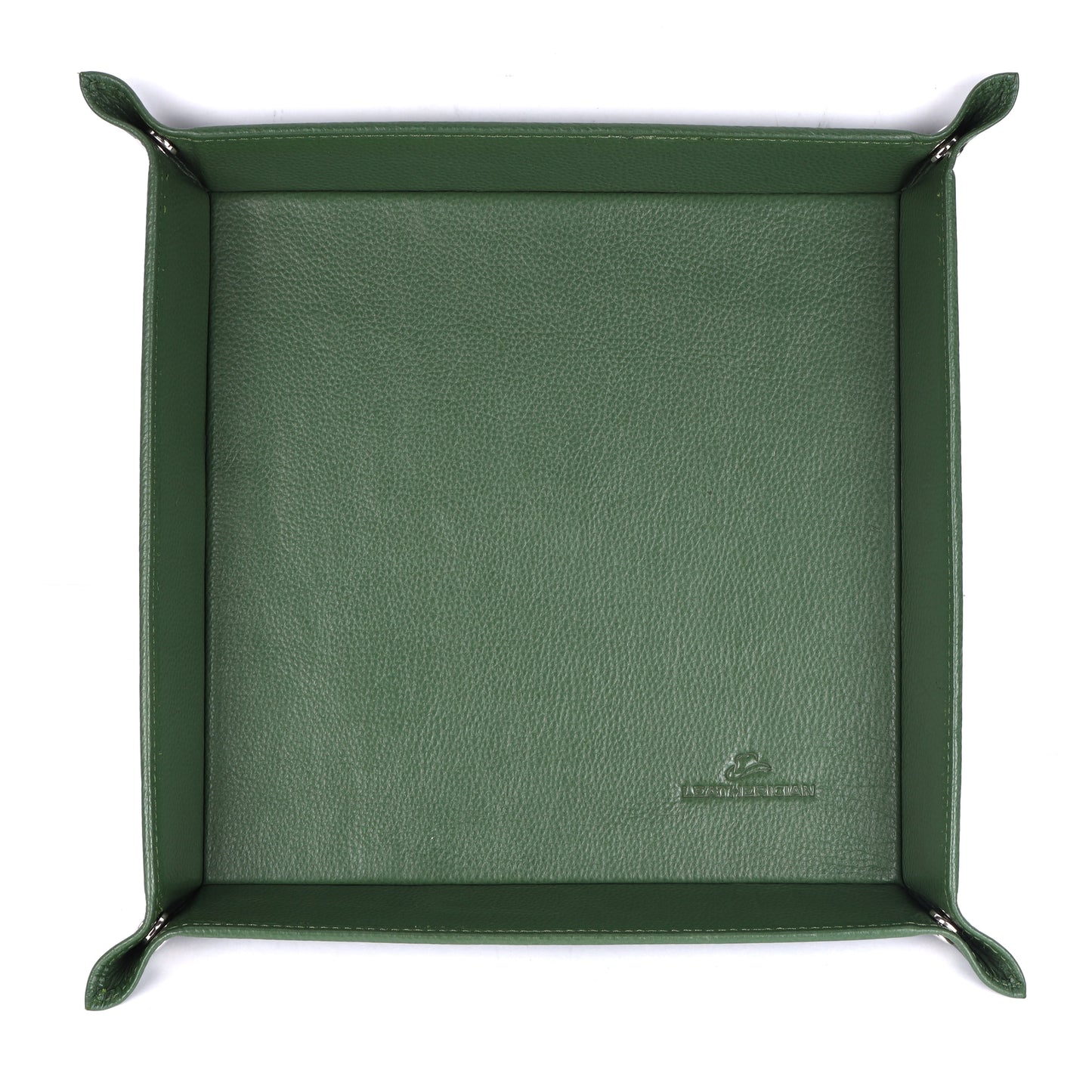 Green leather tray with a visible brand logo on a white background
