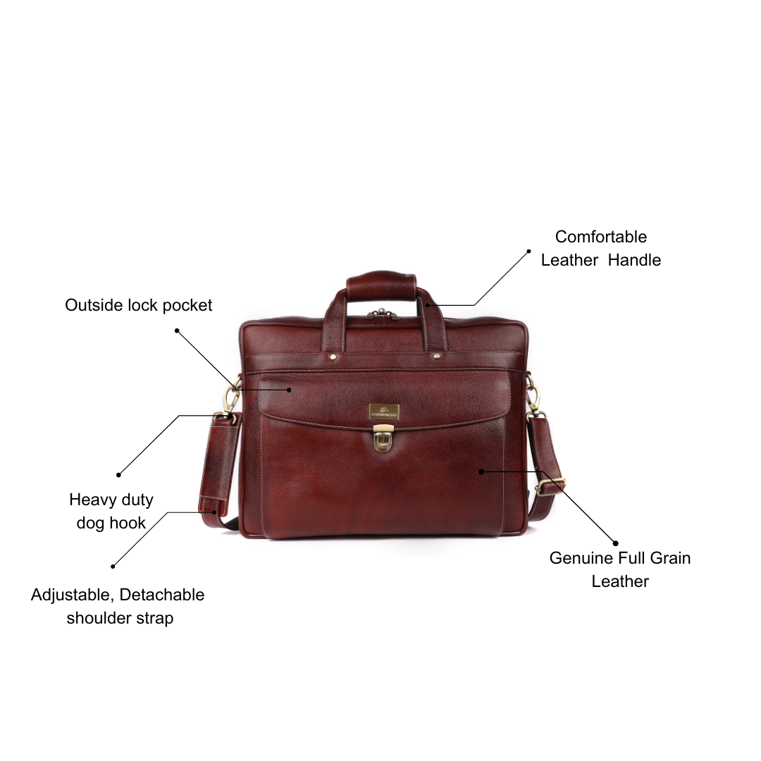 Brown leather briefcase with labeled features on a white background