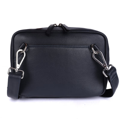 Black leather bag with silver hardware on a white background