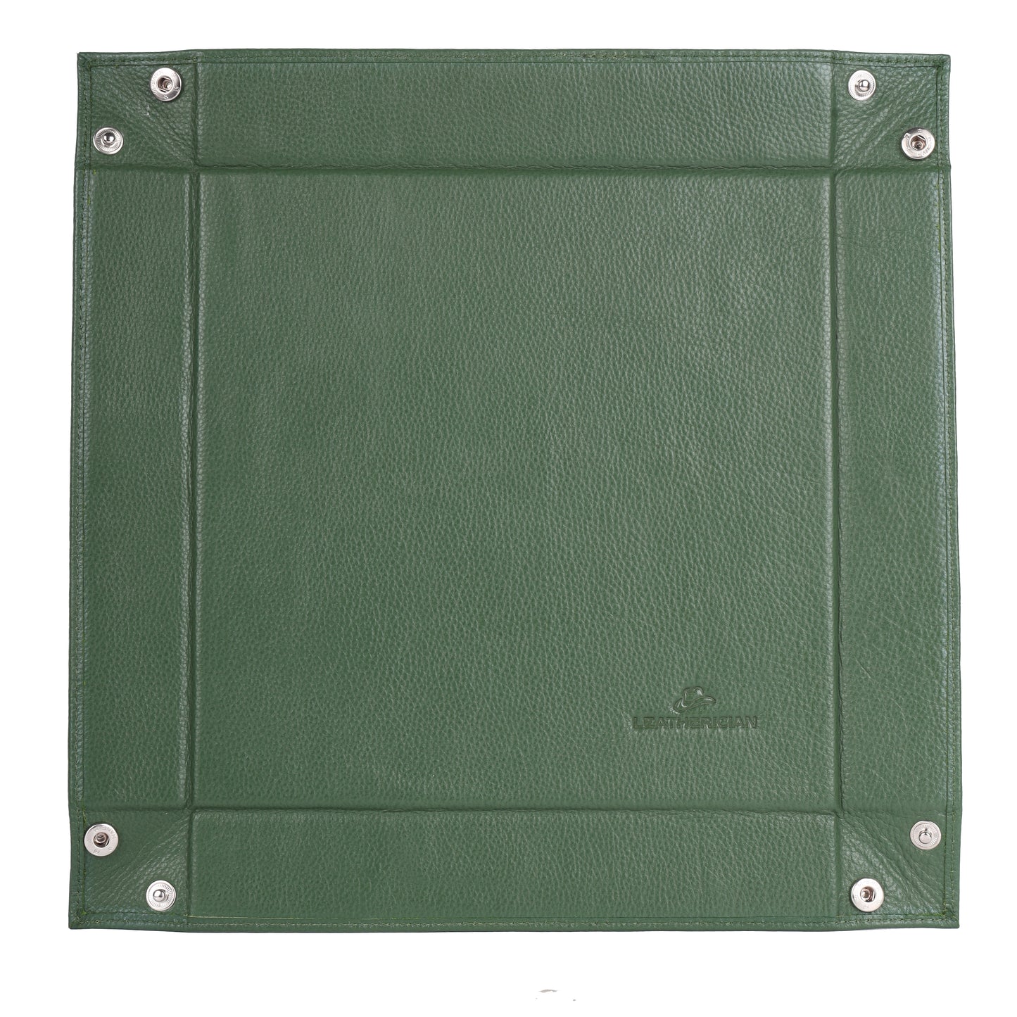Green leather-bound notebook with silver rivets on a white background