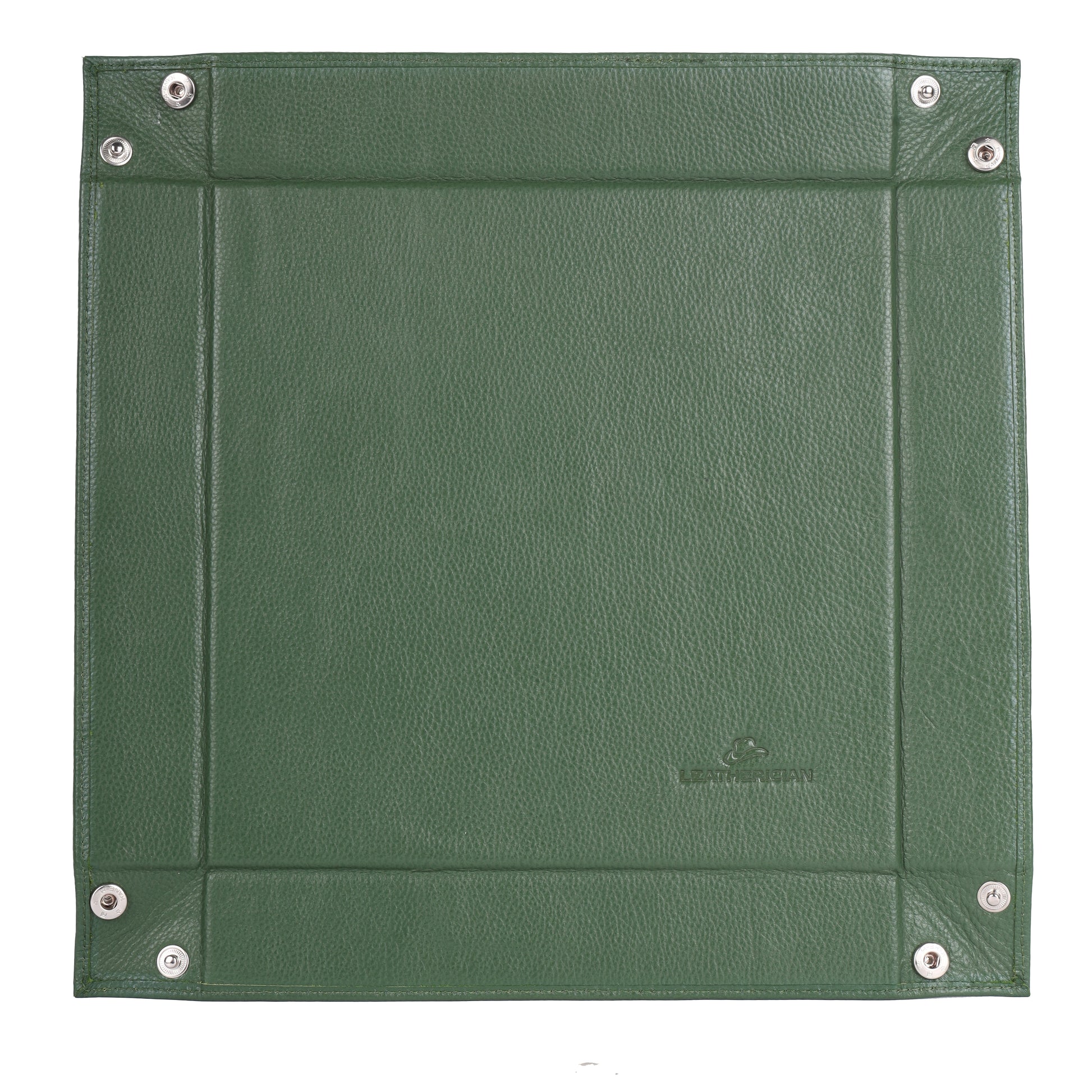 Green leather-bound notebook with silver rivets on a white background