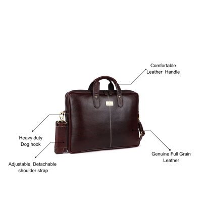 Leatherician Brown leather briefcase with features labeled on a white background