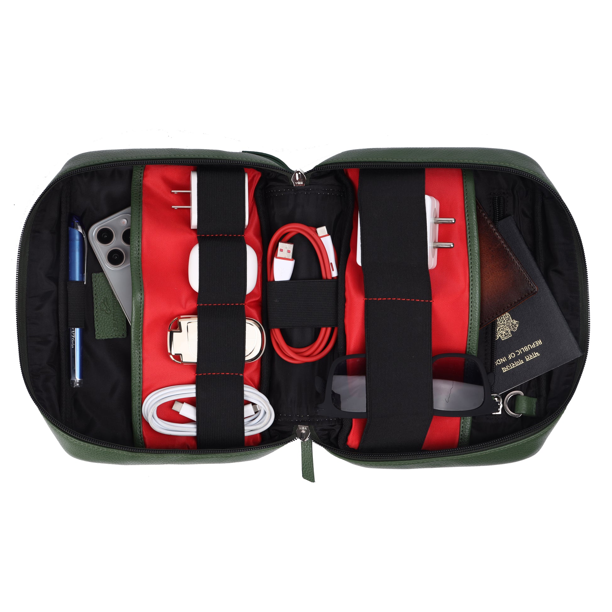 Open green travel bag with organized contents on a white background
