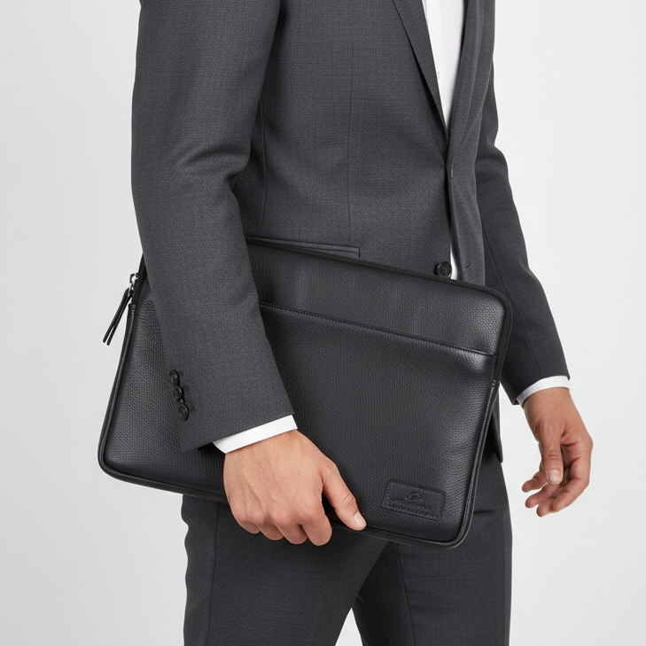 Person holding a black leather briefcase against a light gray background
