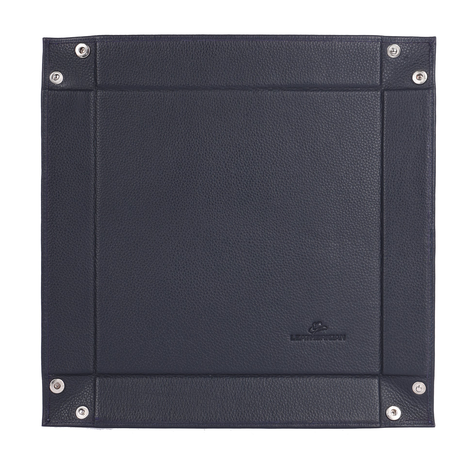 Black leather-bound notebook with metal fasteners on a white background