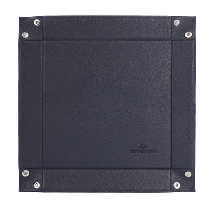 Black leather-bound notebook with metal fasteners on a white background