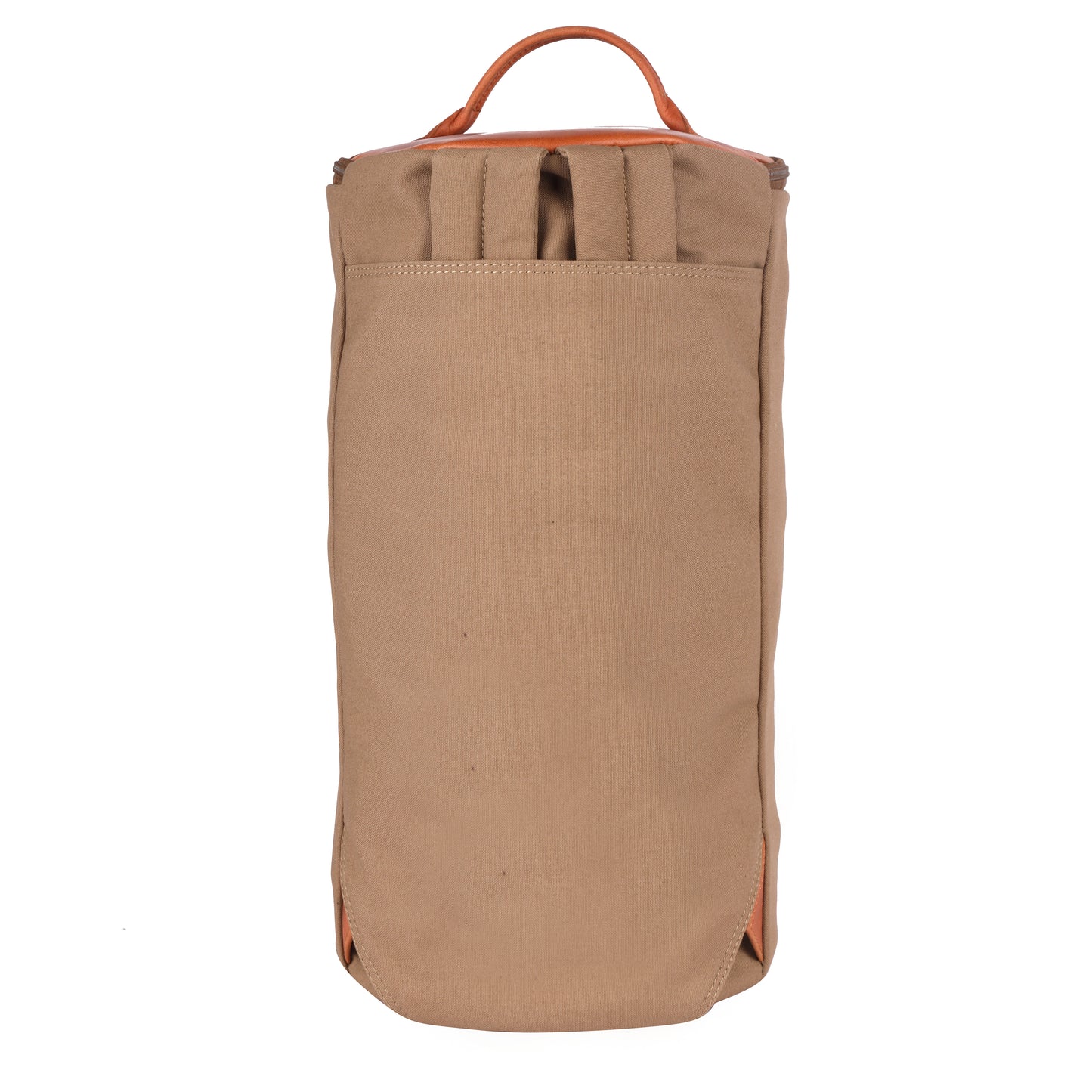 Brown leather bag with a strap on a white background
