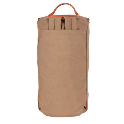 Brown leather bag with a strap on a white background