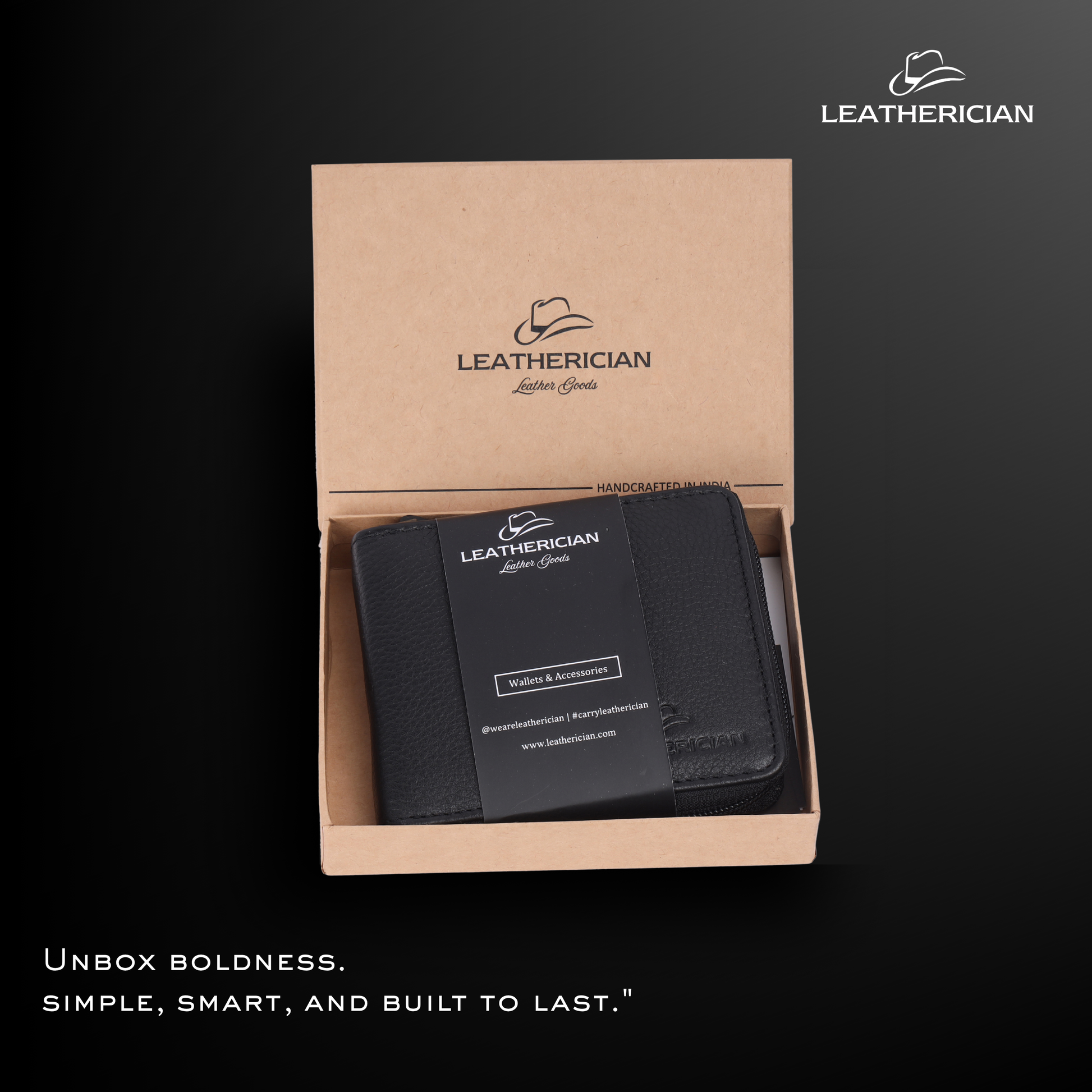 Black leather wallet in a cardboard box with Leatherician branding on a dark background